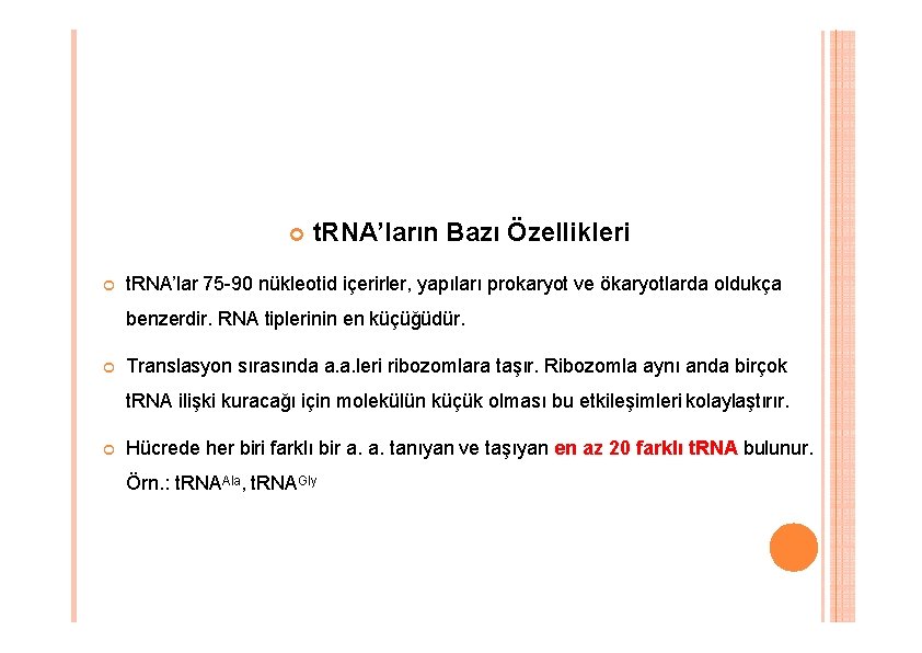 t. RNA’ların Bazı Özellikleri t. RNA’lar 75 -90 nükleotid içerirler, yapıları prokaryot ve t. RNA’ların Bazı Özellikleri t. RNA’lar 75 -90 nükleotid içerirler, yapıları prokaryot ve
