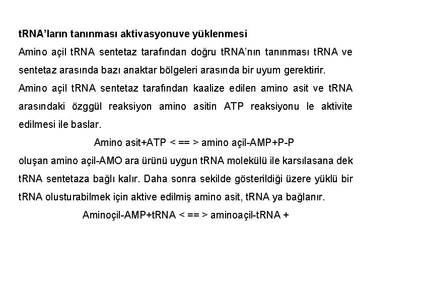 t. RNA’ların tanınması aktivasyonuve yüklenmesi Amino açil t. RNA sentetaz tarafından doğru t. RNA’nın t. RNA’ların tanınması aktivasyonuve yüklenmesi Amino açil t. RNA sentetaz tarafından doğru t. RNA’nın