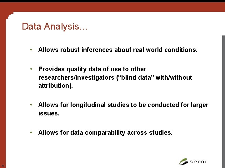 Data Analysis… • Allows robust inferences about real world conditions. • Provides quality data