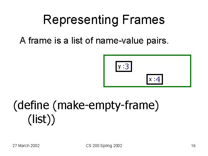 Representing Frames A frame is a list of name-value pairs. y : 3 x