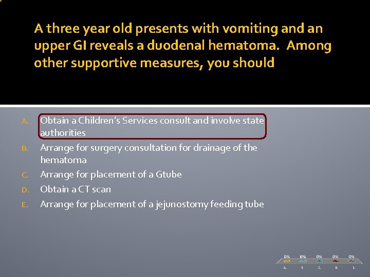 A three year old presents with vomiting and an upper GI reveals a duodenal