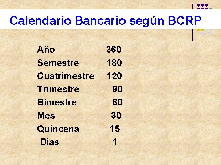 Calendario Bancario según BCRP Año Semestre Cuatrimestre Trimestre Bimestre Mes Quincena Días 360 180