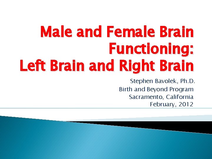 Male and Female Brain Functioning: Left Brain and Right Brain Stephen Bavolek, Ph. D.