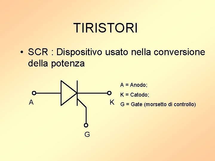TIRISTORI • SCR : Dispositivo usato nella conversione della potenza A = Anodo; K