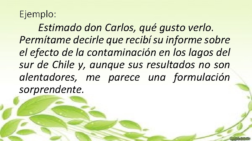 Ejemplo: Estimado don Carlos, qué gusto verlo. Permítame decirle que recibí su informe sobre