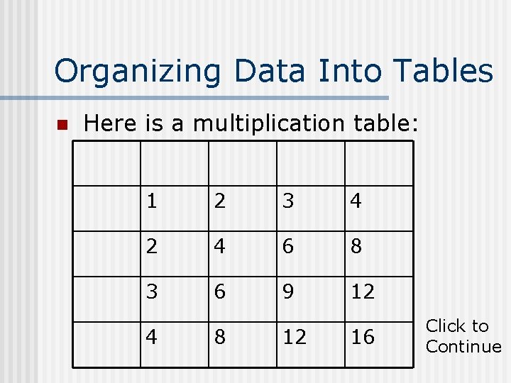 Organizing Data Into Tables n Here is a multiplication table: 1 2 3 4
