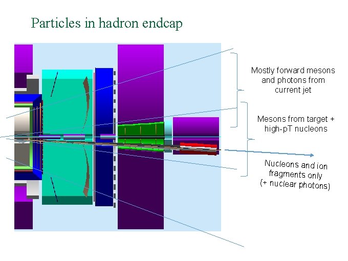 Particles in hadron endcap Mostly forward mesons and photons from current jet Mesons from