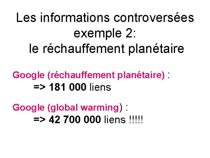 Les informations controversées exemple 2: le réchauffement planétaire Google (réchauffement planétaire) : => 181