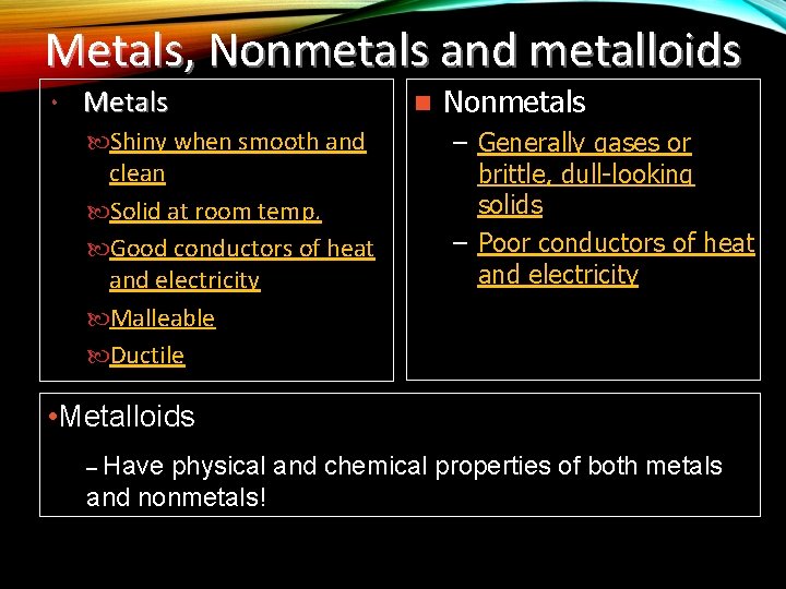 Metals, Nonmetals and metalloids Metals Shiny when smooth and clean Solid at room temp.