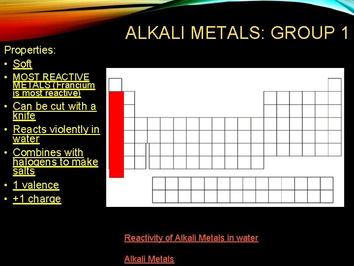 ALKALI METALS: GROUP 1 Properties: • Soft • MOST REACTIVE METALS (Francium is most