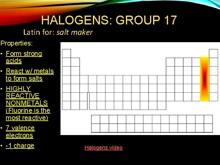 HALOGENS: GROUP 17 Latin for: salt maker Properties: • Form strong acids • React