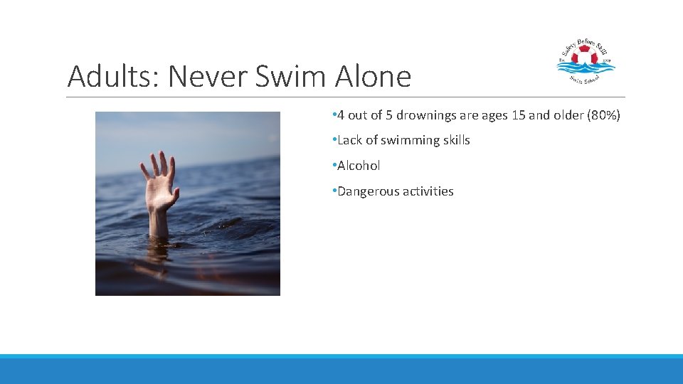 Adults: Never Swim Alone • 4 out of 5 drownings are ages 15 and