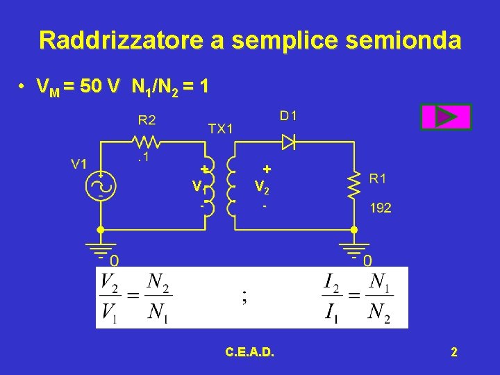 Raddrizzatore a semplice semionda • VM = 50 V N 1/N 2 = 1