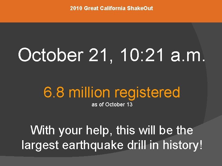 2010 Great California Shake. Out October 21, 10: 21 a. m. 6. 8 million