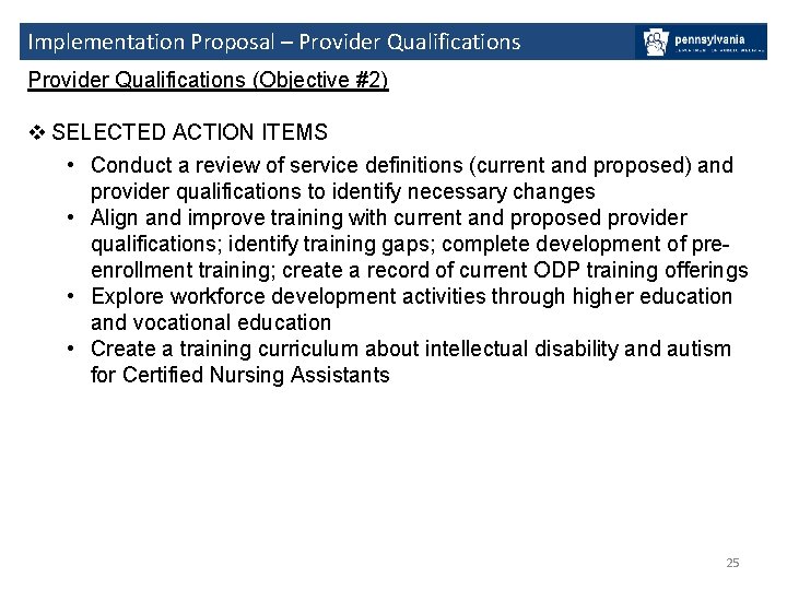 Implementation Proposal – Provider Qualifications (Objective #2) v SELECTED ACTION ITEMS • Conduct a