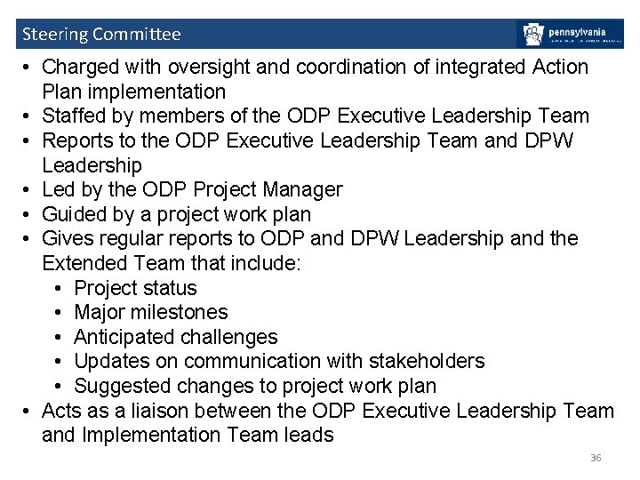 Steering Committee • Charged with oversight and coordination of integrated Action Plan implementation •