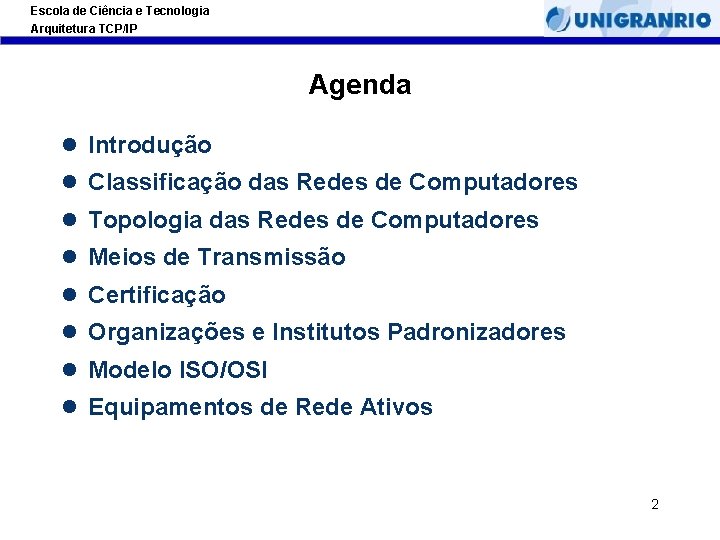 Escola de Ciência e Tecnologia Arquitetura TCP/IP Agenda l Introdução l Classificação das Redes Escola de Ciência e Tecnologia Arquitetura TCP/IP Agenda l Introdução l Classificação das Redes