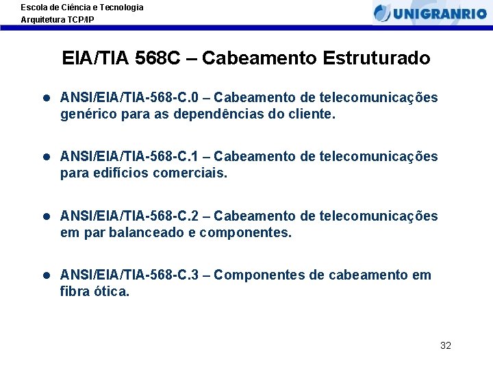 Escola de Ciência e Tecnologia Arquitetura TCP/IP EIA/TIA 568 C – Cabeamento Estruturado l Escola de Ciência e Tecnologia Arquitetura TCP/IP EIA/TIA 568 C – Cabeamento Estruturado l