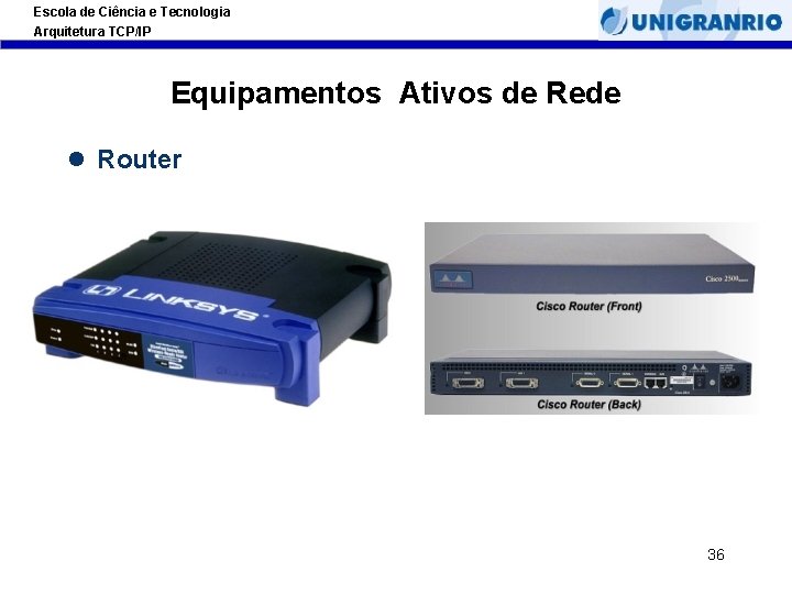 Escola de Ciência e Tecnologia Arquitetura TCP/IP Equipamentos Ativos de Rede l Router 36 Escola de Ciência e Tecnologia Arquitetura TCP/IP Equipamentos Ativos de Rede l Router 36