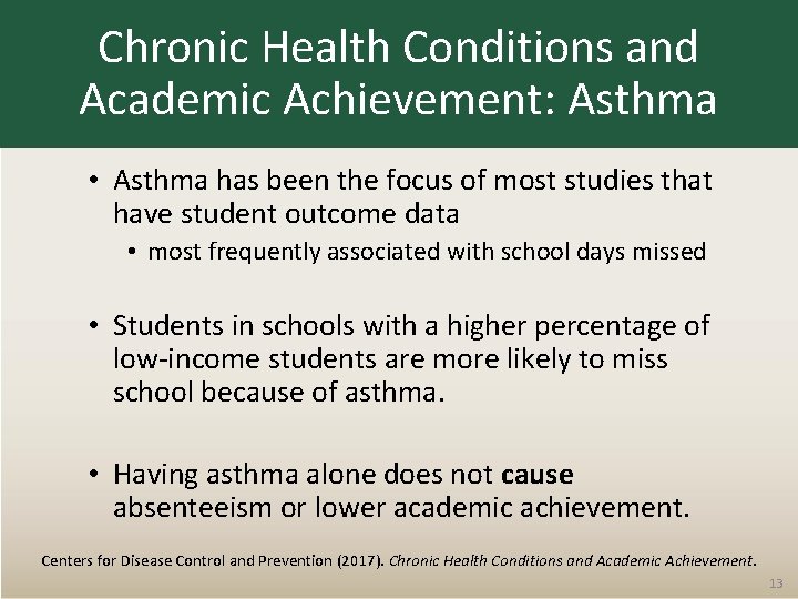 Chronic Health Conditions and Academic Achievement: Asthma • Asthma has been the focus of