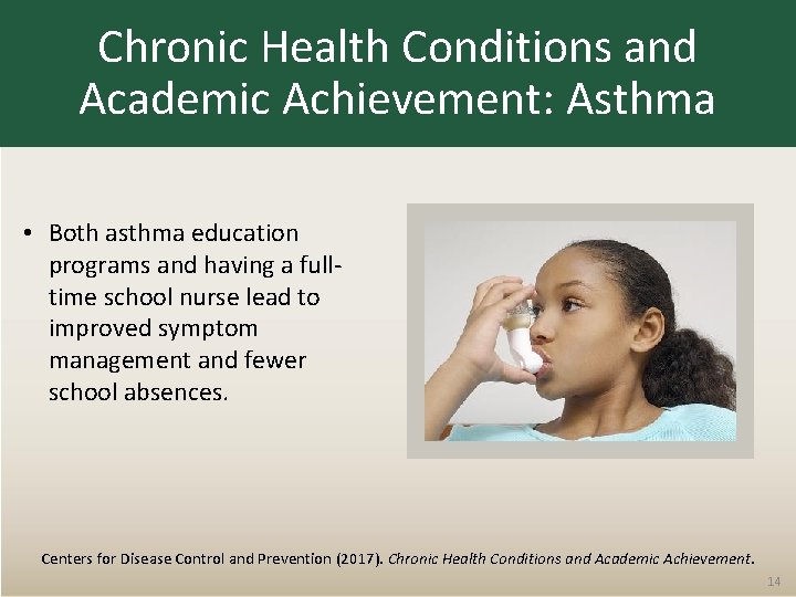 Chronic Health Conditions and Academic Achievement: Asthma • Both asthma education programs and having