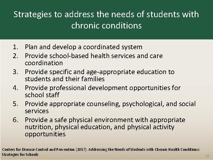 Strategies to address the needs of students with chronic conditions 1. Plan and develop