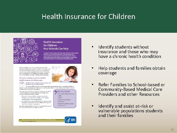Health Insurance for Children • Identify students without insurance and those who may have
