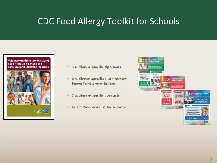 CDC Food Allergy Toolkit for Schools • 6 audience-specific tip sheets • 6 audience-specific