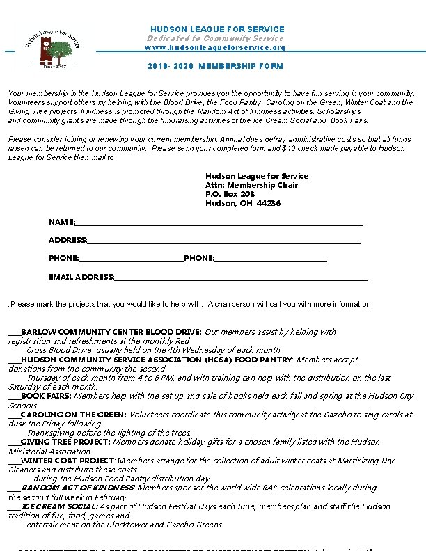 HUDSON LEAGUE FOR SERVICE ____ Dedicated to Community Service _____________www. hudsonleagueforservice. org_________________ 2019 -