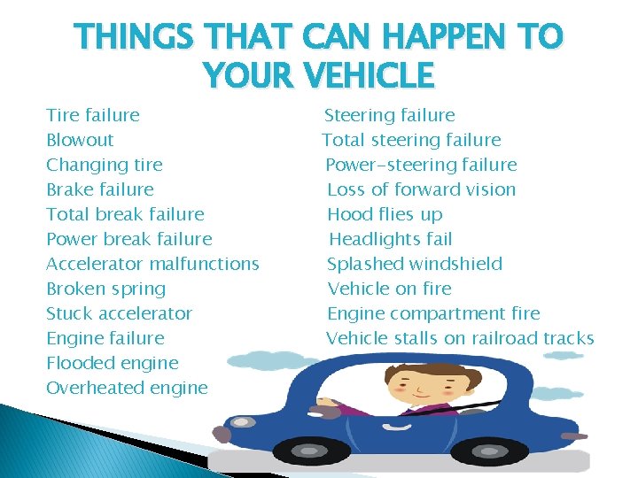 THINGS THAT CAN HAPPEN TO YOUR VEHICLE Tire failure Blowout Changing tire Brake failure