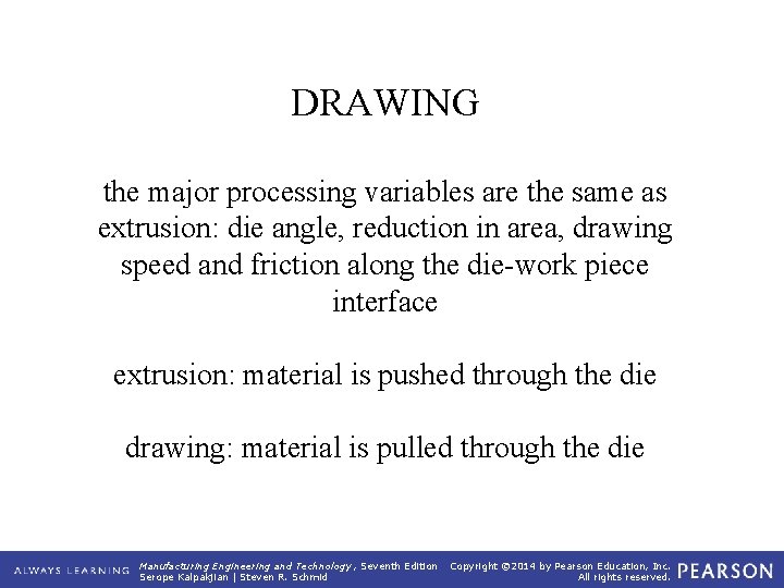 DRAWING the major processing variables are the same as extrusion: die angle, reduction in