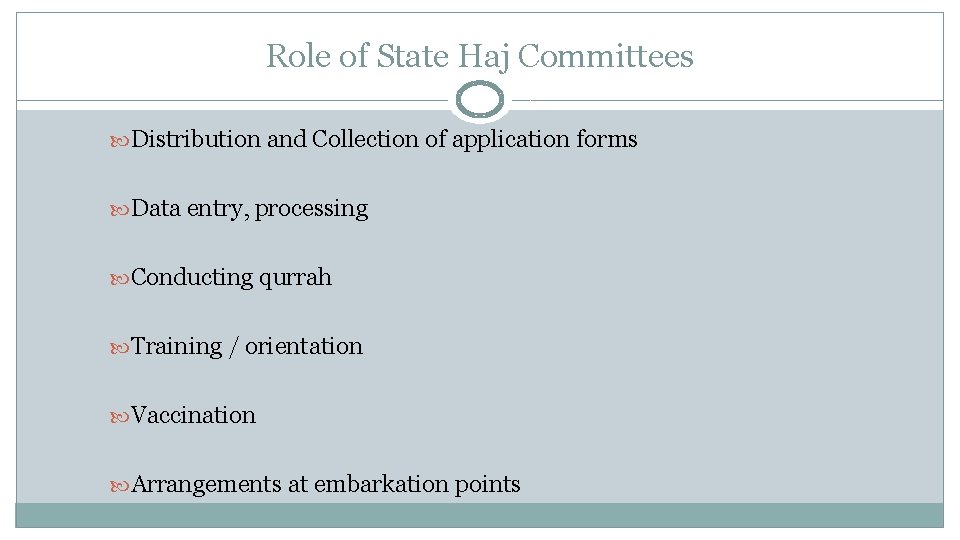 Role of State Haj Committees Distribution and Collection of application forms Data entry, processing