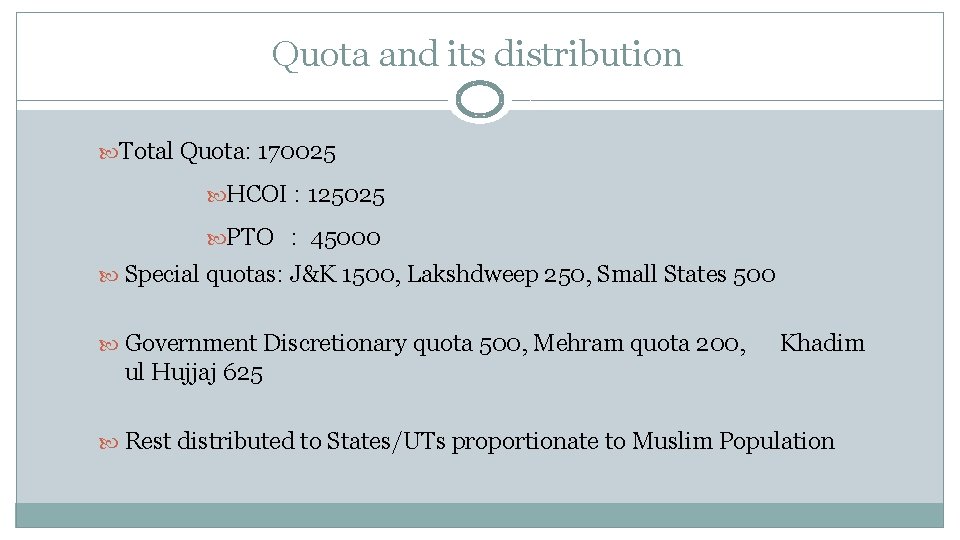 Quota and its distribution Total Quota: 170025 HCOI : 125025 PTO : 45000 Special