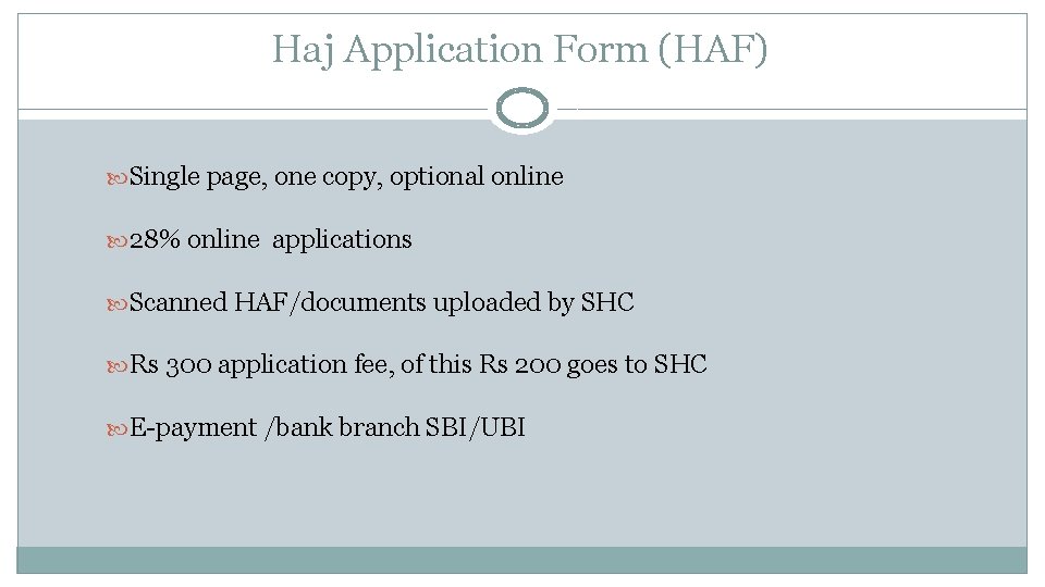 Haj Application Form (HAF) Single page, one copy, optional online 28% online applications Scanned