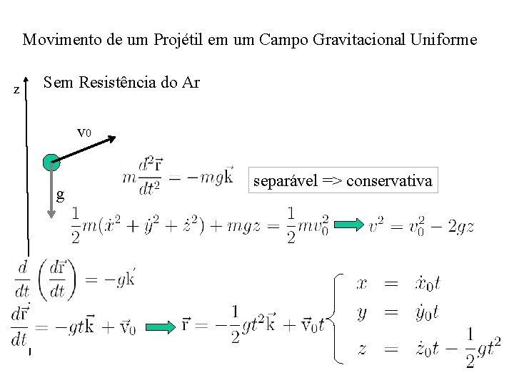 Movimento de um Projétil em um Campo Gravitacional Uniforme z Sem Resistência do Ar