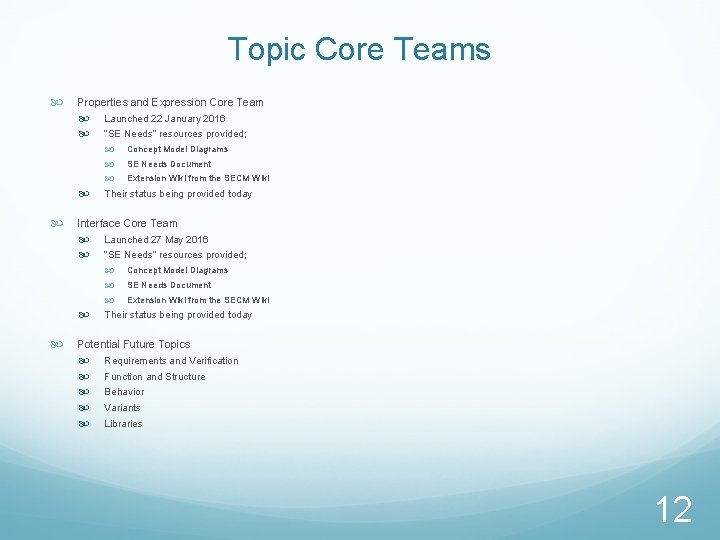Topic Core Teams Properties and Expression Core Team Launched 22 January 2016 “SE Needs” Topic Core Teams Properties and Expression Core Team Launched 22 January 2016 “SE Needs”
