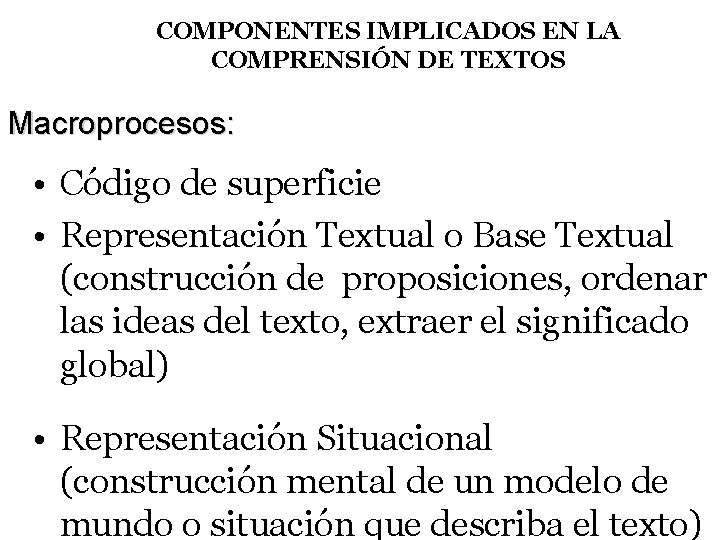 COMPONENTES IMPLICADOS EN LA COMPRENSIÓN DE TEXTOS Macroprocesos: • Código de superficie • Representación COMPONENTES IMPLICADOS EN LA COMPRENSIÓN DE TEXTOS Macroprocesos: • Código de superficie • Representación