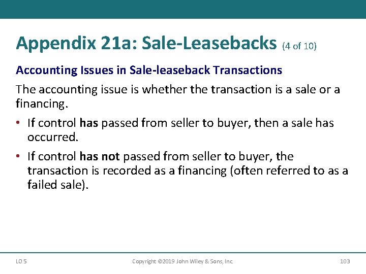 Appendix 21 a: Sale-Leasebacks (4 of 10) Accounting Issues in Sale-leaseback Transactions The accounting