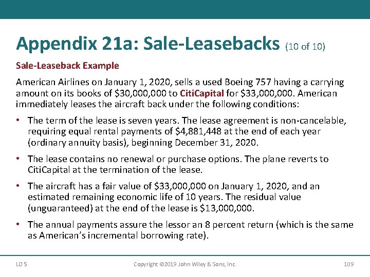 Appendix 21 a: Sale-Leasebacks (10 of 10) Sale-Leaseback Example American Airlines on January 1,