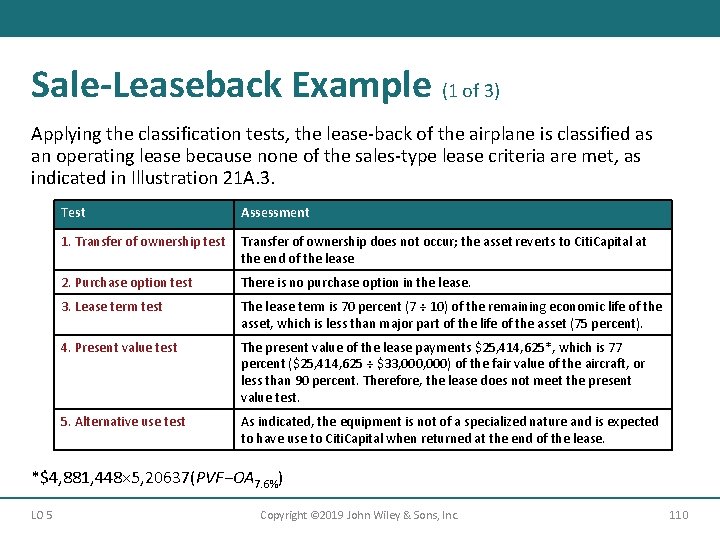 Sale-Leaseback Example (1 of 3) Applying the classification tests, the lease-back of the airplane