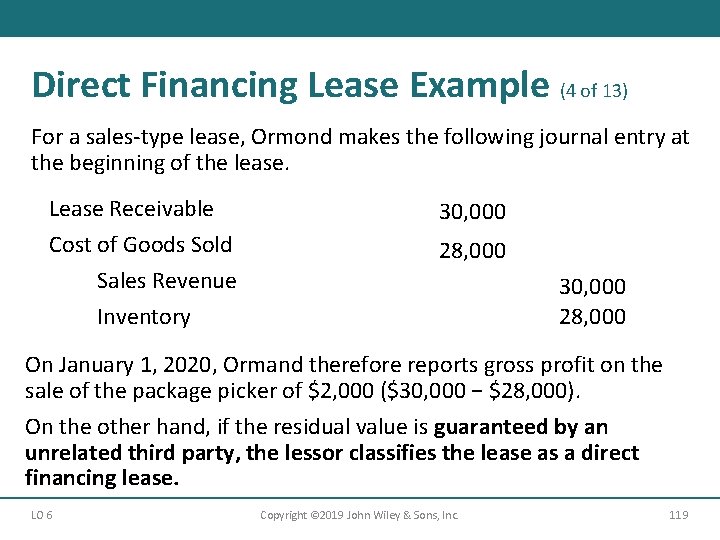 Direct Financing Lease Example (4 of 13) For a sales-type lease, Ormond makes the