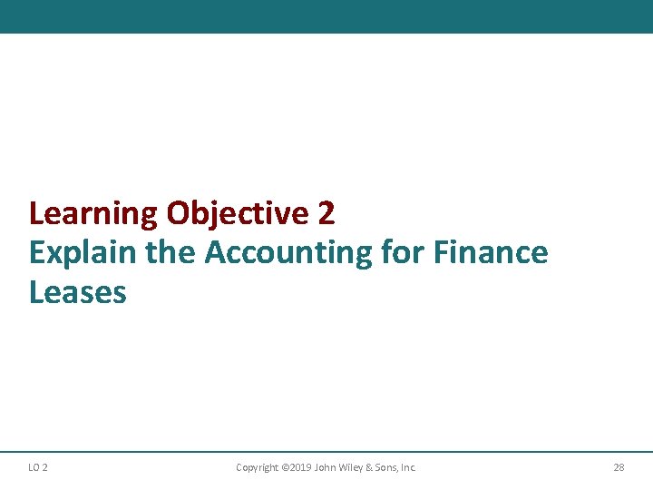 Learning Objective 2 Explain the Accounting for Finance Leases LO 2 Copyright © 2019