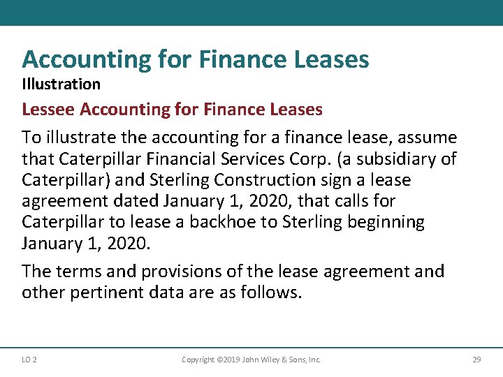 Accounting for Finance Leases Illustration Lessee Accounting for Finance Leases To illustrate the accounting