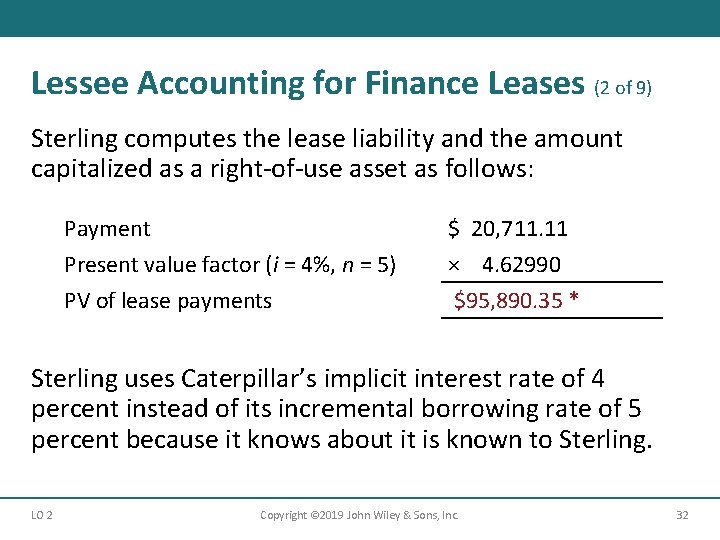 Lessee Accounting for Finance Leases (2 of 9) Sterling computes the lease liability and