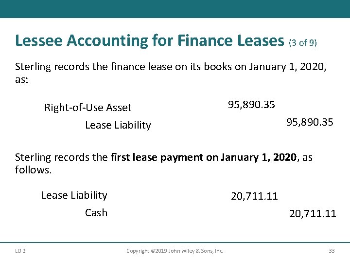 Lessee Accounting for Finance Leases (3 of 9) Sterling records the finance lease on
