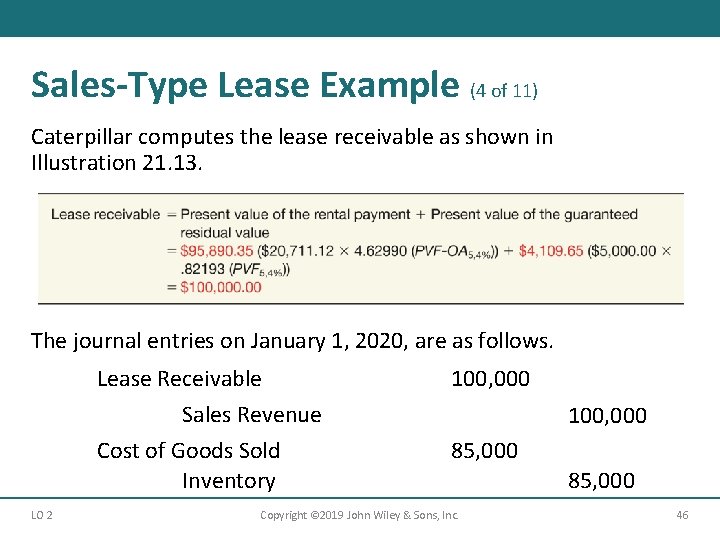 Sales-Type Lease Example (4 of 11) Caterpillar computes the lease receivable as shown in