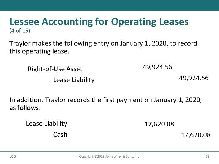 Lessee Accounting for Operating Leases (4 of 15) Traylor makes the following entry on