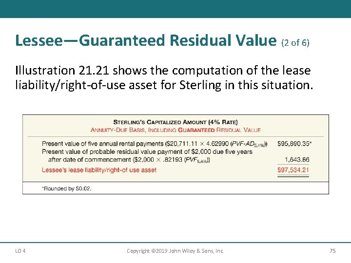 Lessee—Guaranteed Residual Value (2 of 6) Illustration 21. 21 shows the computation of the