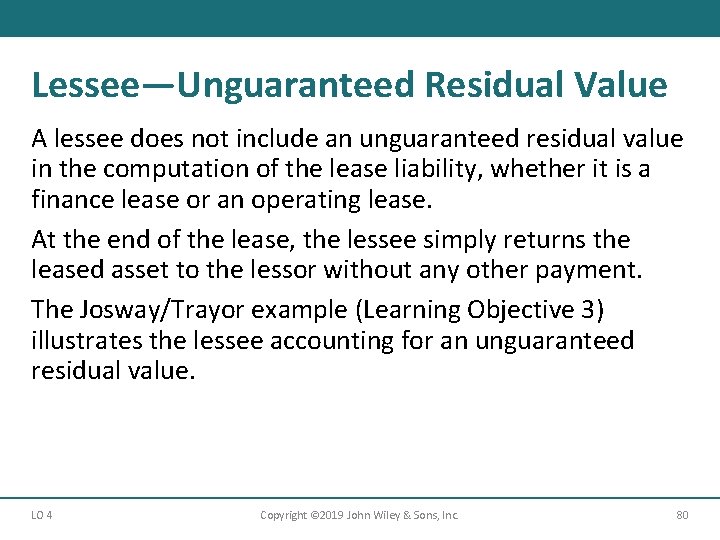 Lessee—Unguaranteed Residual Value A lessee does not include an unguaranteed residual value in the