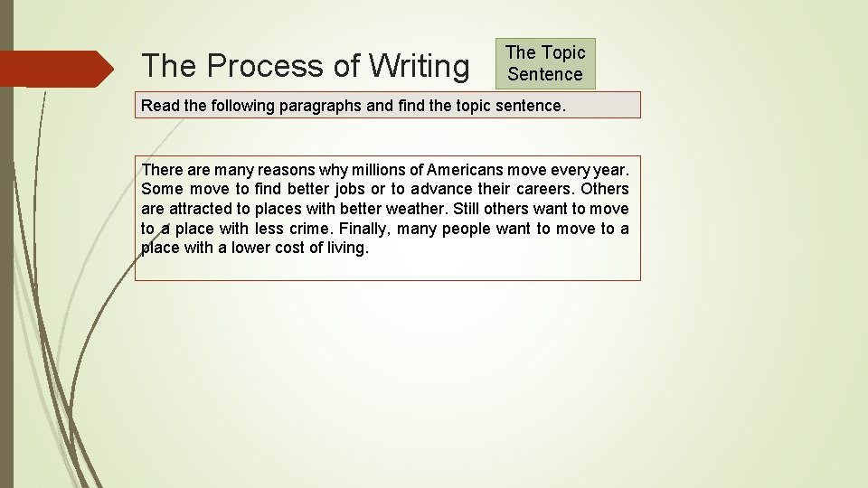 The Process of Writing The Topic Sentence Read the following paragraphs and find the